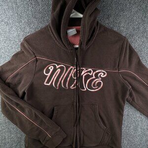 Nike Girls Size Large 12-14 Brown Full Zip Hooded Jacket Salmon Accents W Logo
